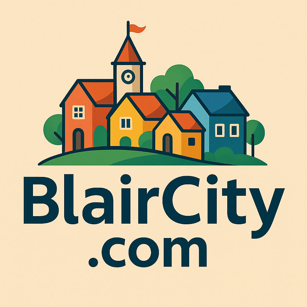 AI generated graphic with church and several smaller building representing BlairCity.com.