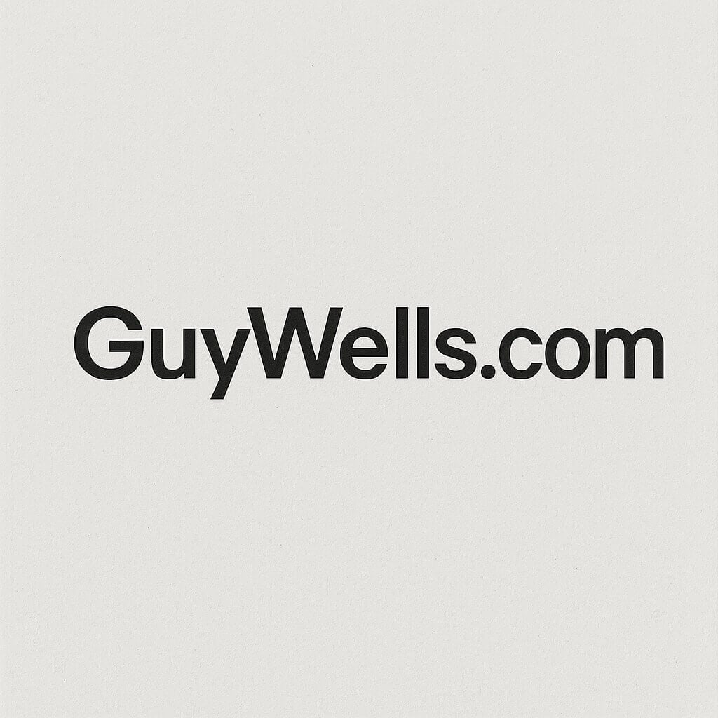Billboard for GuyWells.com on light beige background.