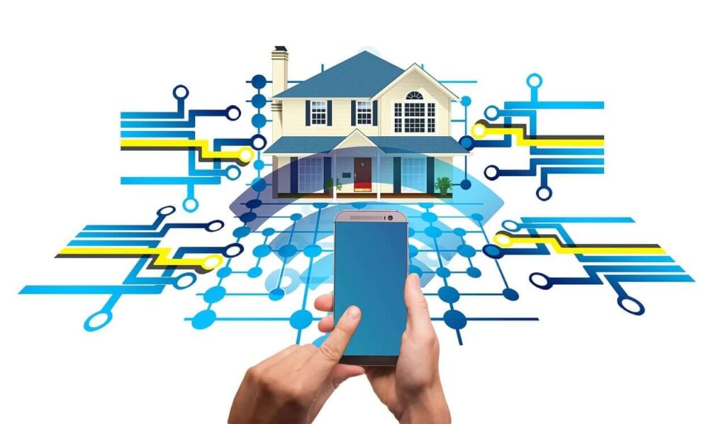 Graphic of house with person touching smart phone.