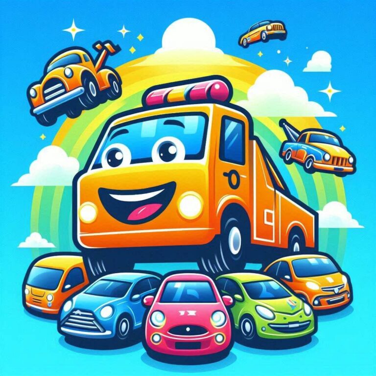Graphic of smiling tow truck surropunded by colorful cars.