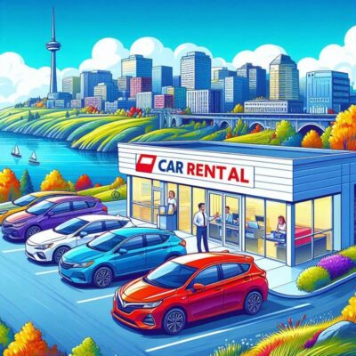 Graphic of car rental property with words Car Rental across store front.