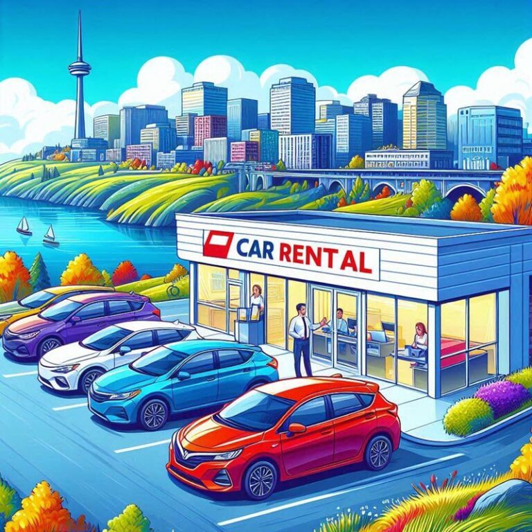 Graphic of car rental property with words Car Rental across store front.