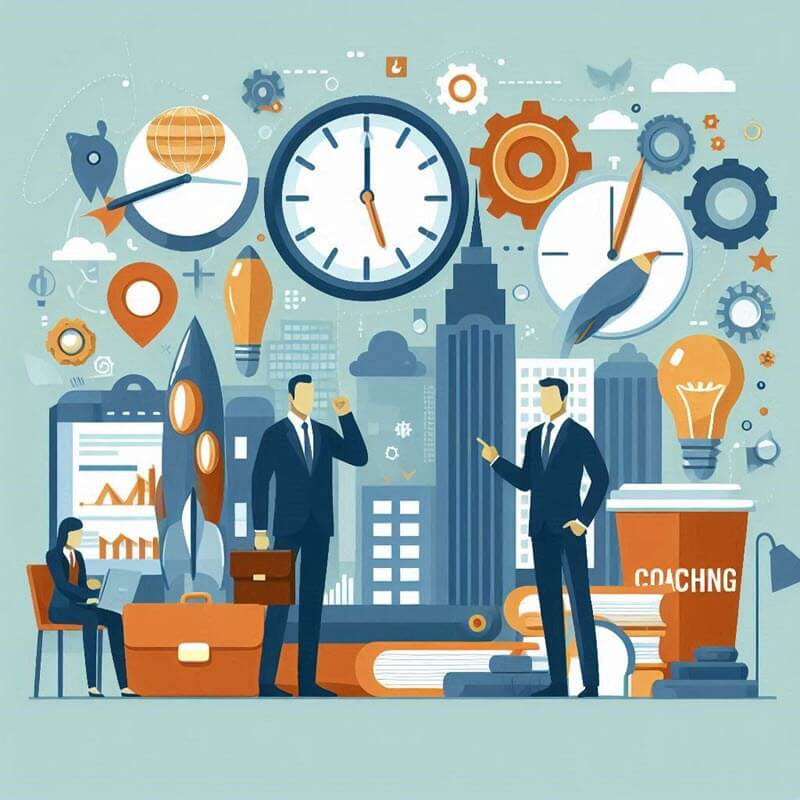 Graphic with clock in background and coffee cup focused on coaching trainers.