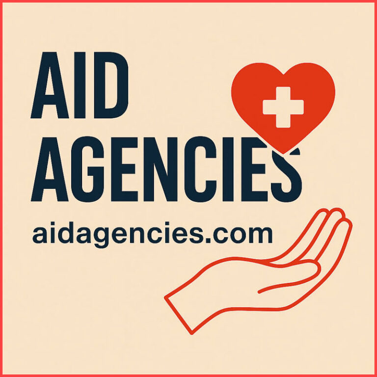 Graphic with hand holding red heart with cross in center and words AidAgencies.com