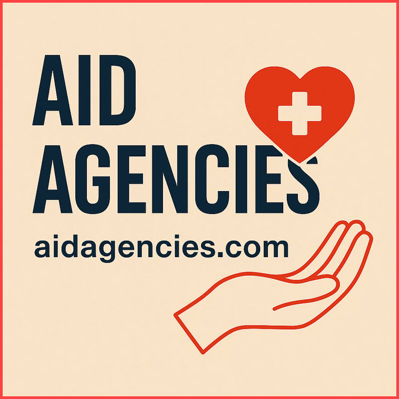 Graphic with hand holding red heart with cross in center and words AidAgencies.com