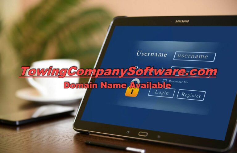 Notepad computer sitting on desk with caption TowingCompanySoftware.com.