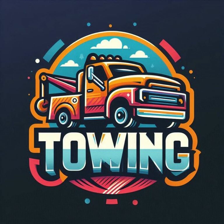 Guelph Towing logo. Graphic with tow truck in center and the word toping below it.