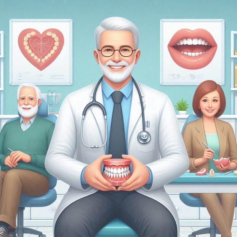 Graphic of denturist holding set of false teeth representing Oakville Denture Clinic.