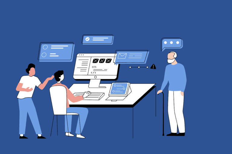 Graphic of 3 people standing near table with large computer screen discussing website creation versus creating a blog.