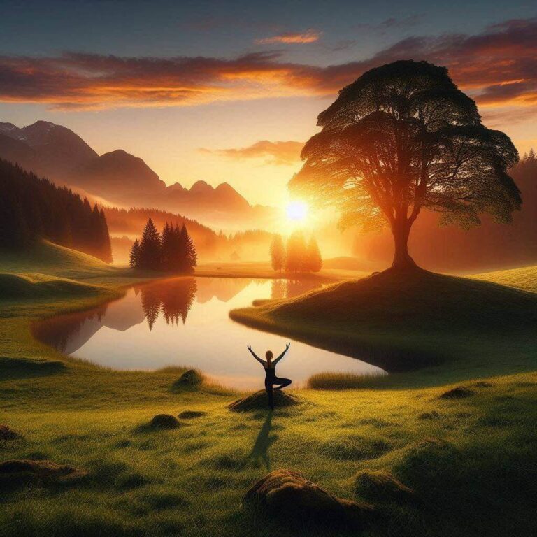 A serene landscape with a single person practicing yoga in a peaceful meadow at sunrise representing HealthBoost.ca.