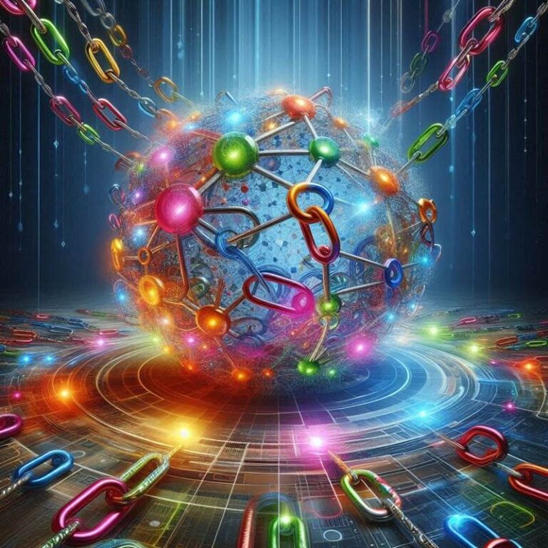 Graphic of a globe with multiple multili-colored chains around it and branching off in different directions representing multichain.