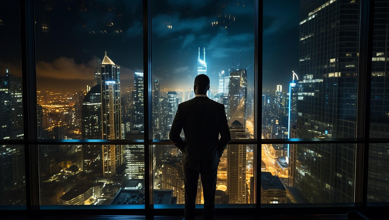 Man looking out condon window at city skyscrapers seeing what is possible..
