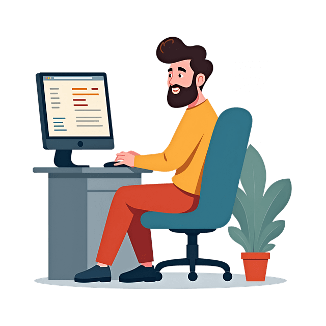 Graphic of man with beard typing on computer.