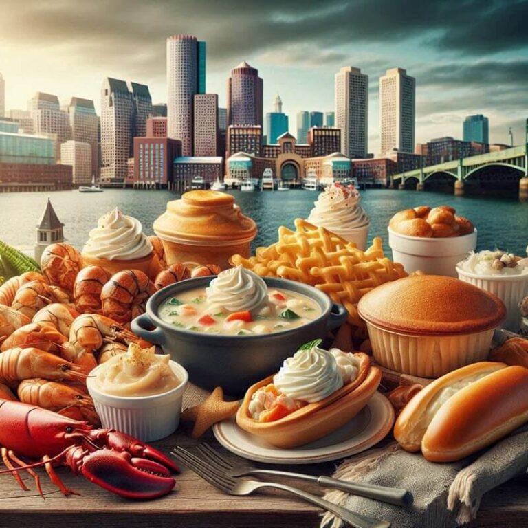Graphic of different food and fis for Boston Snacks.