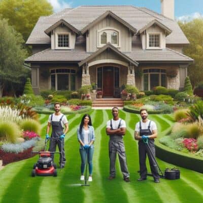 Four people working lawn cleanup in front of Louisville home.