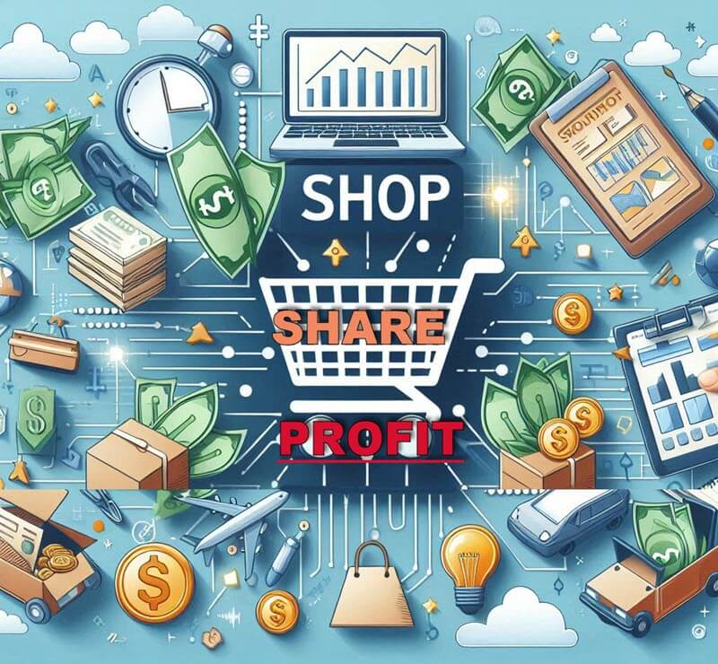 Graphic shopping cart with a bunch of products surrounding it. Has caption Shop Share Profit.