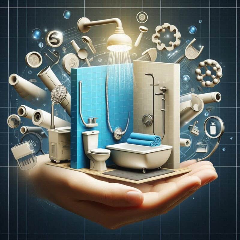 An image representing the domain name ShowerPlans.com, featuring elements like showers, bathroom plans, and a professional aesthetic.
