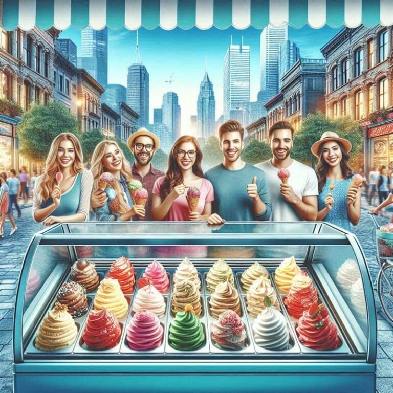 Drawing of peole holding cones of geleato with a colourful Gelato display in front of them