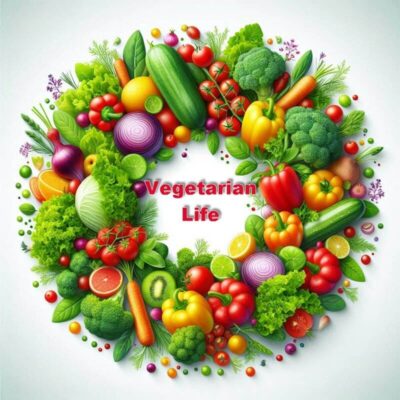A wreath made up of assorted fruits and vegetables with the title Vegetarian Life in the center.