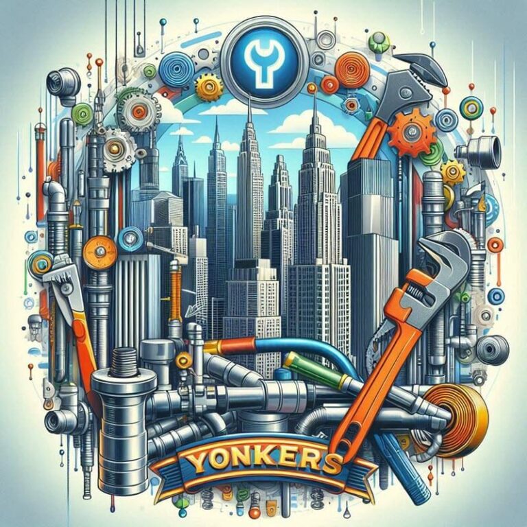 Image describing plumbing in Yonkers. Plumber tools sketched around city.