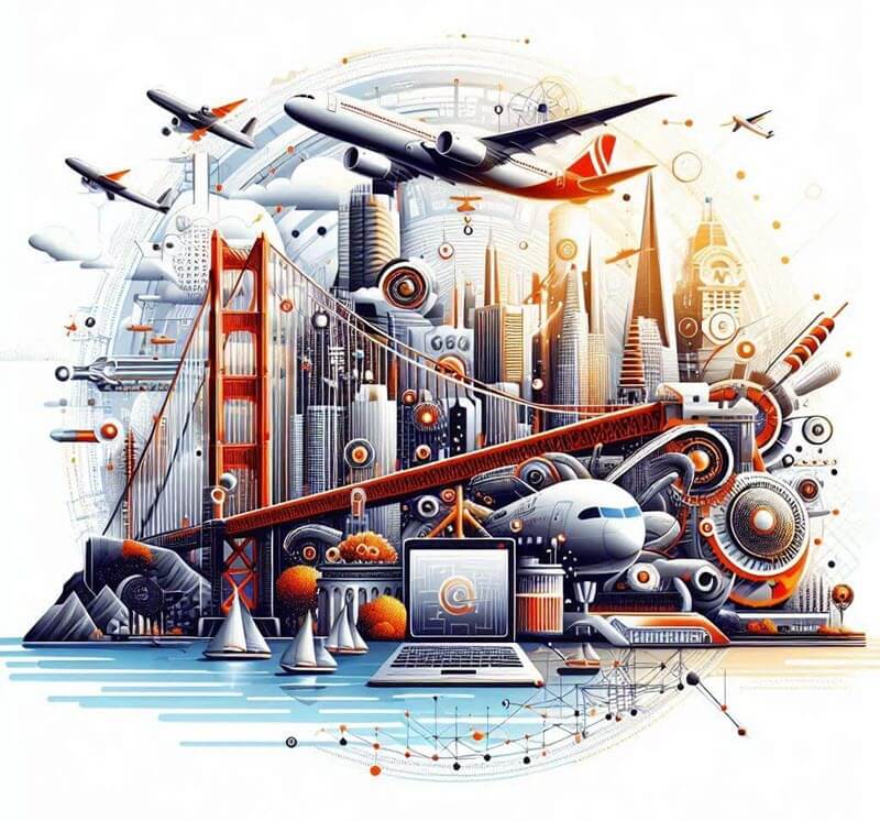 An artistic representation of the domain name SanFranciscoAir-com featuring elements of San Francisco such as the Golden Gate Bridge airplanes and a modern tech-inspired design.