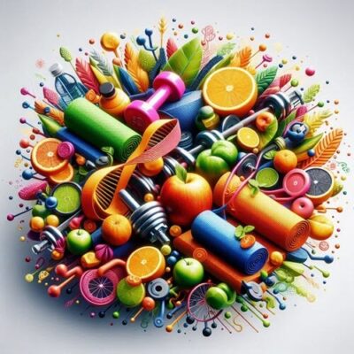 Colorful graphic representing biofitness combining fruits and vegatbles with weight lifting equipment.