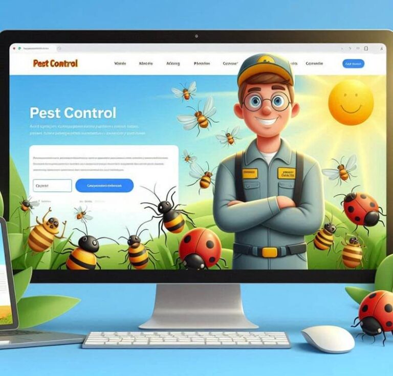 AI created graphic pest control technician in front of computer screen with caption Pest Control.
