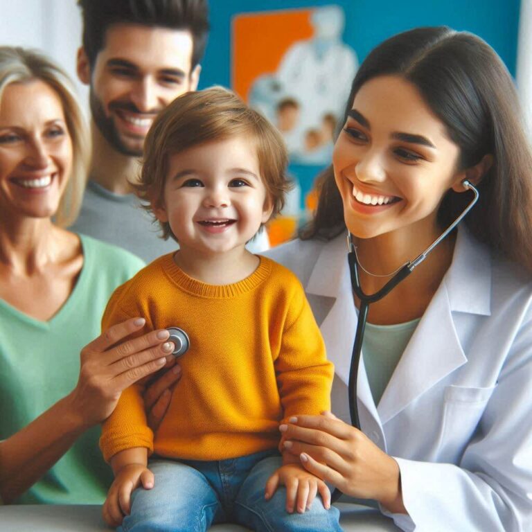 Doctor and mom holding smiling child. Dad standing behind.