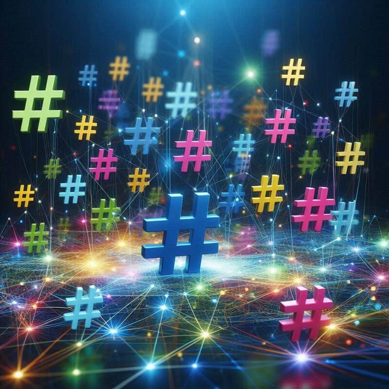 Graphic of colorful hash tags reporesenting hastags.xyz.
