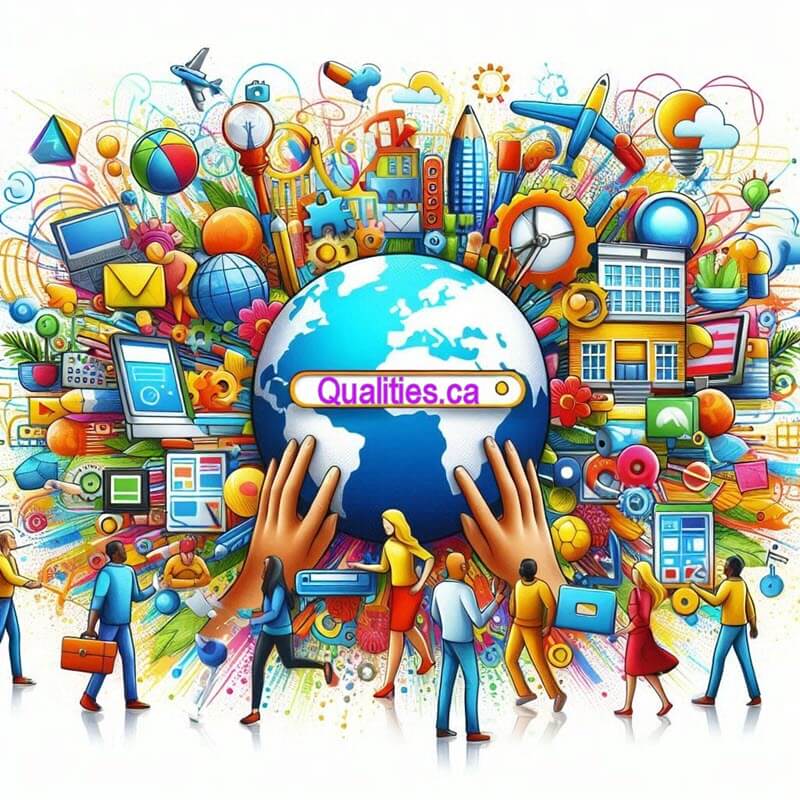 AI created graphic hand holding globe with Qualities.ca etched in center.
