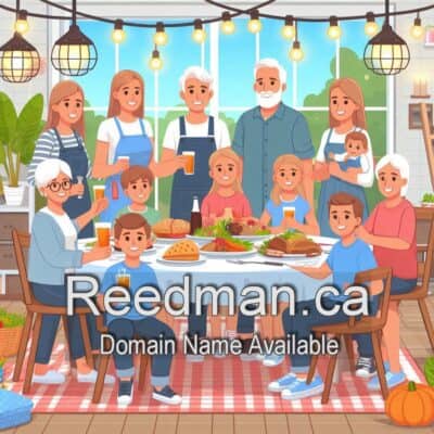 Family sitting around a table with caption Reedman.ca Domain Name Available.