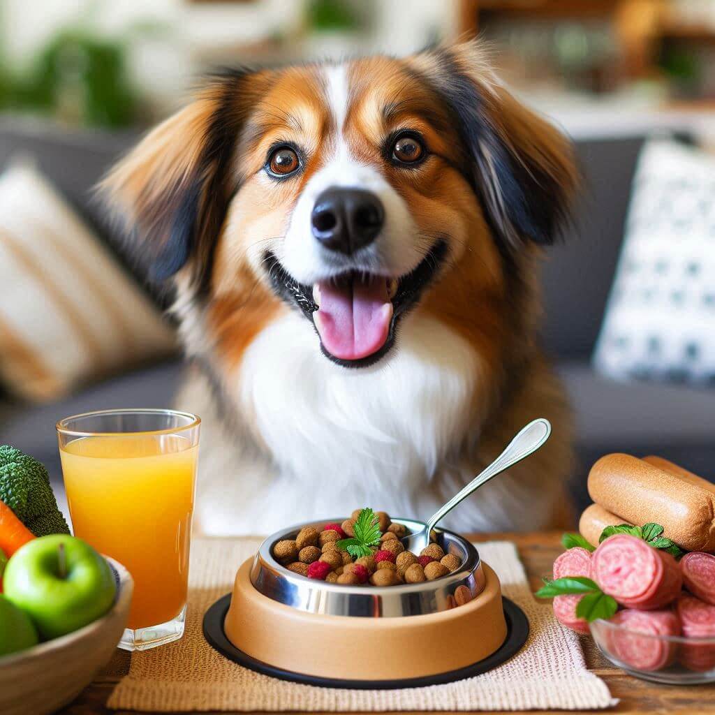 AI generated image dog at healthy food dish rep[resenting doggiediets.com