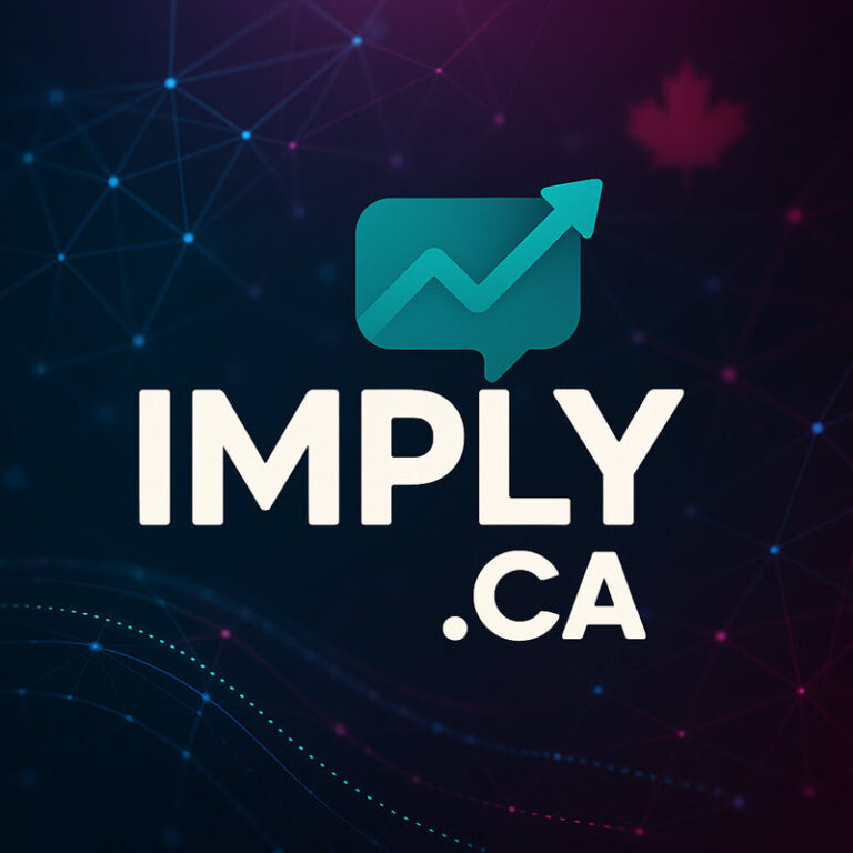 AI generated logo with Imply.ca in center and red maple leaf top right corner.