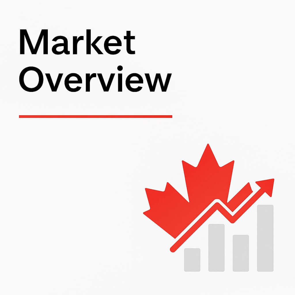 Title Market Overview underlined in red on white background with red maple leaf with arrow pointing up for State of .CA Market Report.