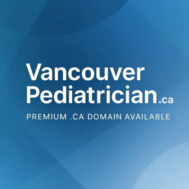 VancouverPediatrician.ca domain for sale graphic. features a clean, modern layout with bold typography, a gradient blue accent background, and the sub‑text “Premium .CA Domain Available” centered beneath the domain name.