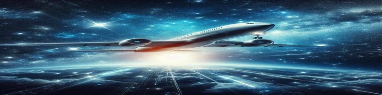 Airliner heading through space on blue background representing aerospaceairlines.com