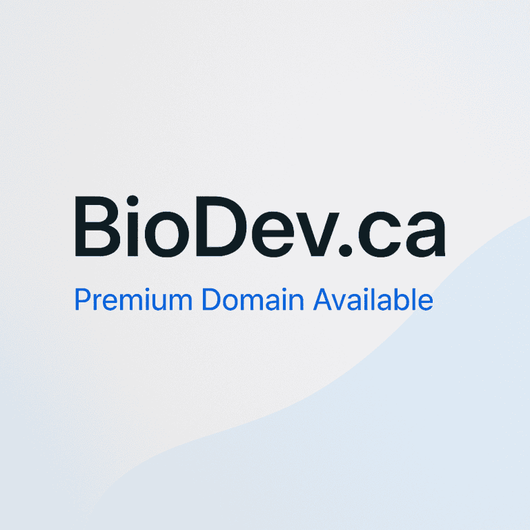 BioDev.ca premium domain graphic with clean light background and subtle wave design.