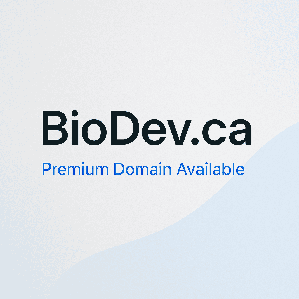 BioDev.ca premium domain graphic with clean light background and subtle wave design.