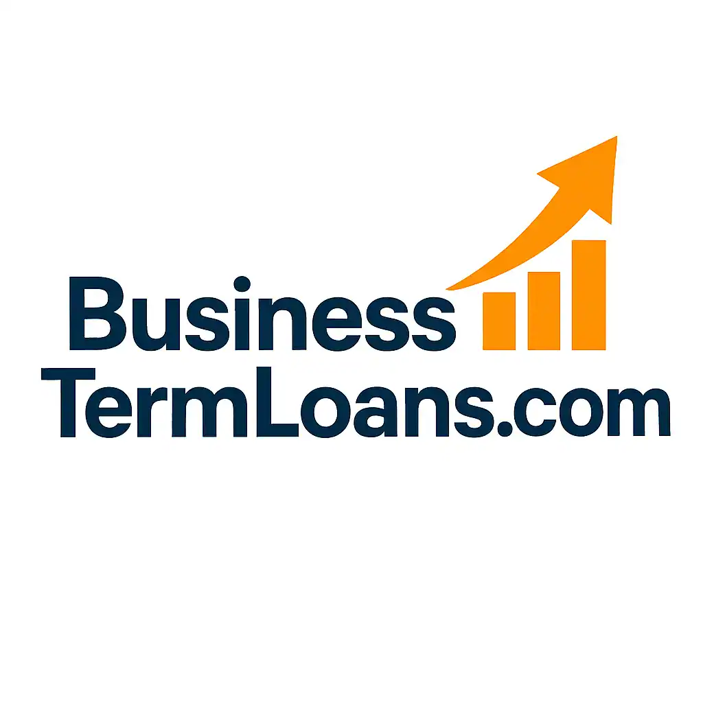 BusinessTermLoans.com in bold navy text with an uplifting orange arrow and bar chart on white background.