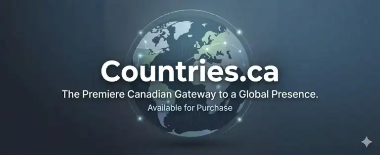 High-end website header for Countries.ca featuring bold white text and a minimalist abstract globe icon on a professional navy-to-slate gradient background.