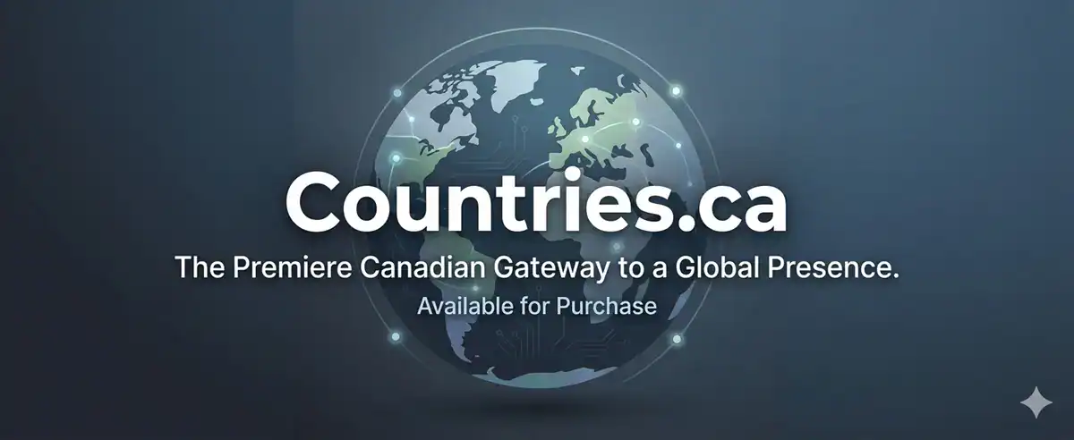High-end website header for Countries.ca featuring bold white text and a minimalist abstract globe icon on a professional navy-to-slate gradient background.