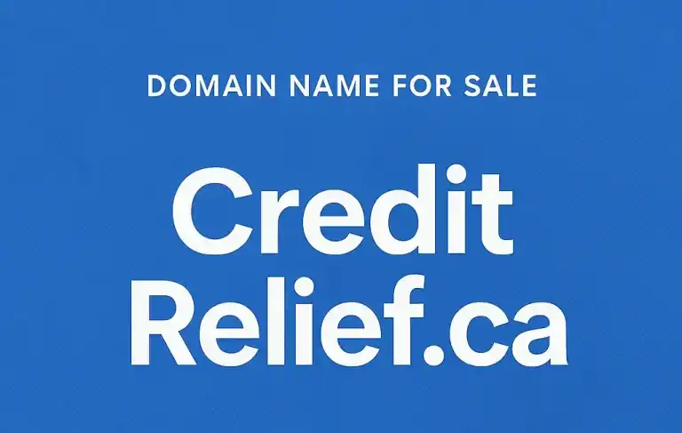 Caption CreditRelief.ca Domain Name for Sale on light blue background.