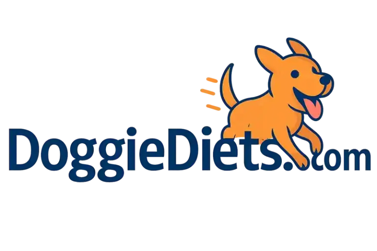 DoggieDiets.com domain name with bold, energetic dog-themed illustration on transparent background.