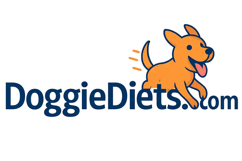 DoggieDiets.com domain name with bold, energetic dog-themed illustration on transparent background.