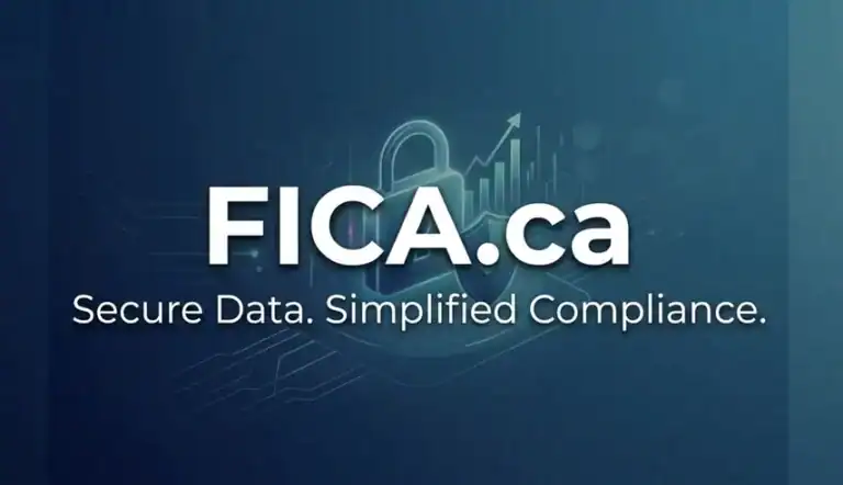 Modern 1200x500 website header for FICA.ca featuring white bold text and a minimalist digital shield icon on a professional navy and slate gradient background.