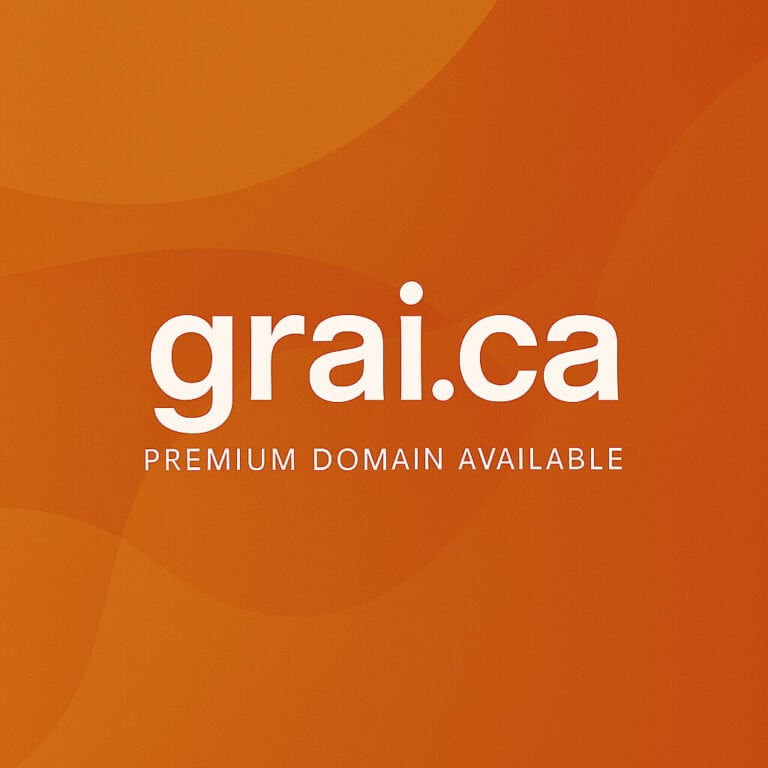 grai.ca features a clean, modern design with bold typography, a warm orange gradient background, and the sub‑text “Premium Domain Available.”