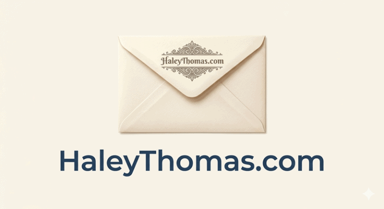 A minimalist personal brand graphic featuring a clean, cream-colored envelope icon centered on a neutral background. The domain name 'HaleyThomas.com' is displayed directly beneath the envelope in a professional, bold navy blue sans-serif font. The design represents professional email communication and digital newsletter branding for Haley Thomas.
