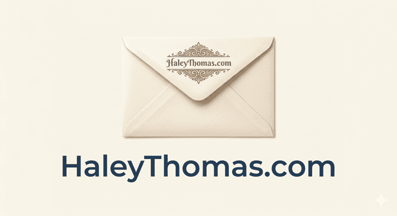 A minimalist personal brand graphic featuring a clean, cream-colored envelope icon centered on a neutral background. The domain name 'HaleyThomas.com' is displayed directly beneath the envelope in a professional, bold navy blue sans-serif font. The design represents professional email communication and digital newsletter branding for Haley Thomas.