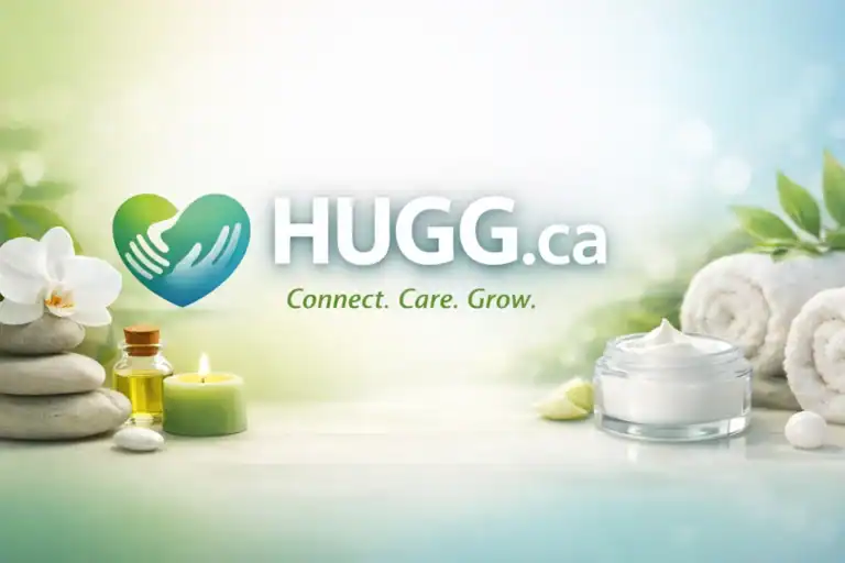 Premium HUGG.ca header featuring bold centered domain text, a heart‑and‑hands wellness icon, spa stones, orchid, candle, and skincare elements representing health, wellness, and personal care branding.