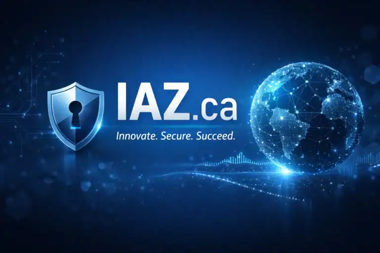 IAZ.ca premium technology and cybersecurity header featuring bold domain text, a glowing shield icon, and a digital globe representing innovation, security, and modern Canadian tech branding.